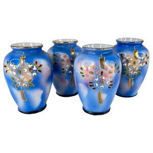 4 Blue Hand Paint Mini Vases Cherry Blossom Floral Design 2.5 IN Inch Made Japan